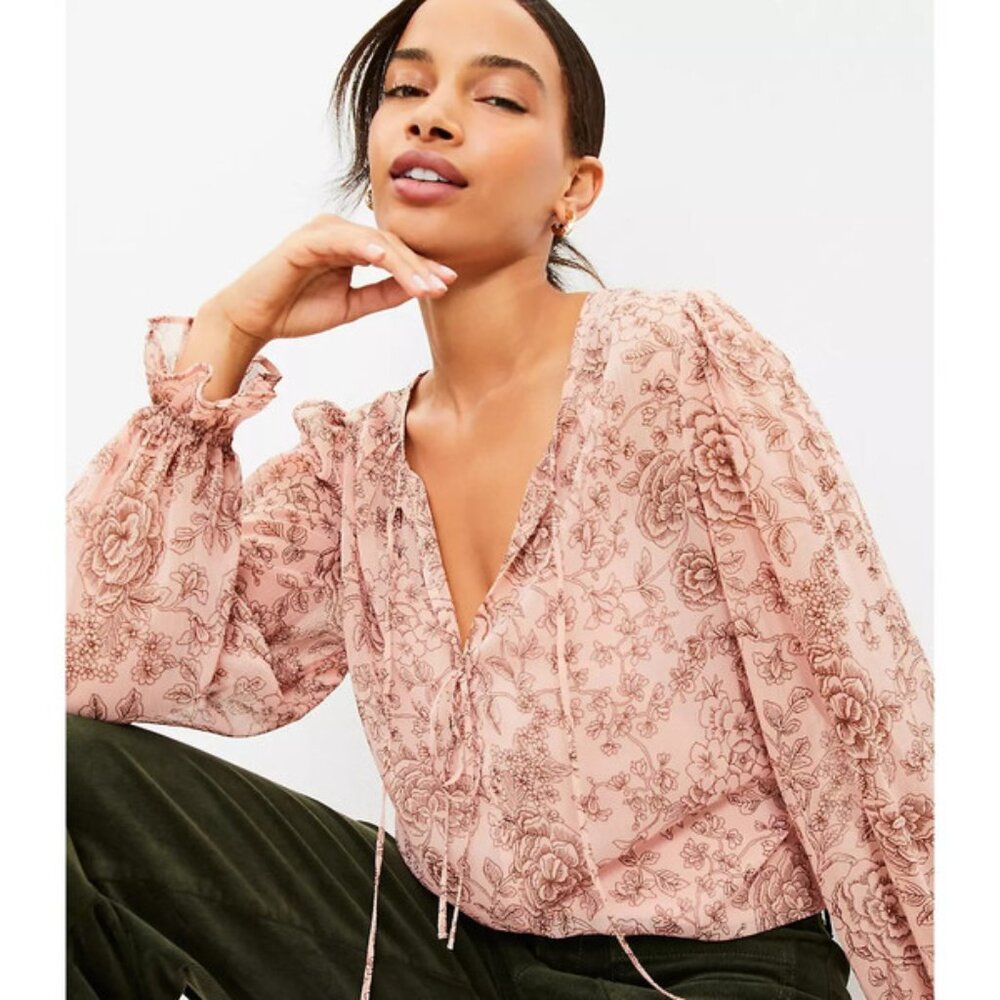 Ann Taylor LOFT Petite Etched Floral Double Tie Neck Blouse PL